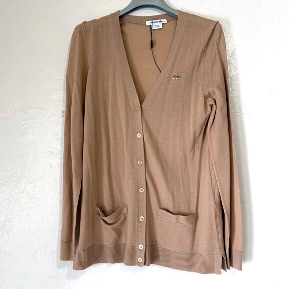 LACOSTE NWOT 100% Merino Wool Classic Cardigan in Tan Size 44/ M - Picture 2 of 12